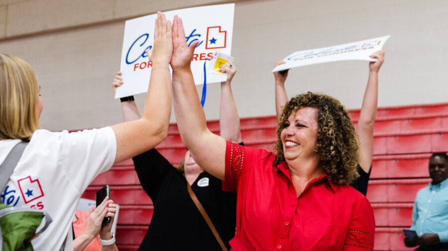 Utah Congressional 2nd District candidate Celeste Maloy high-fives a supporter after securing the n...