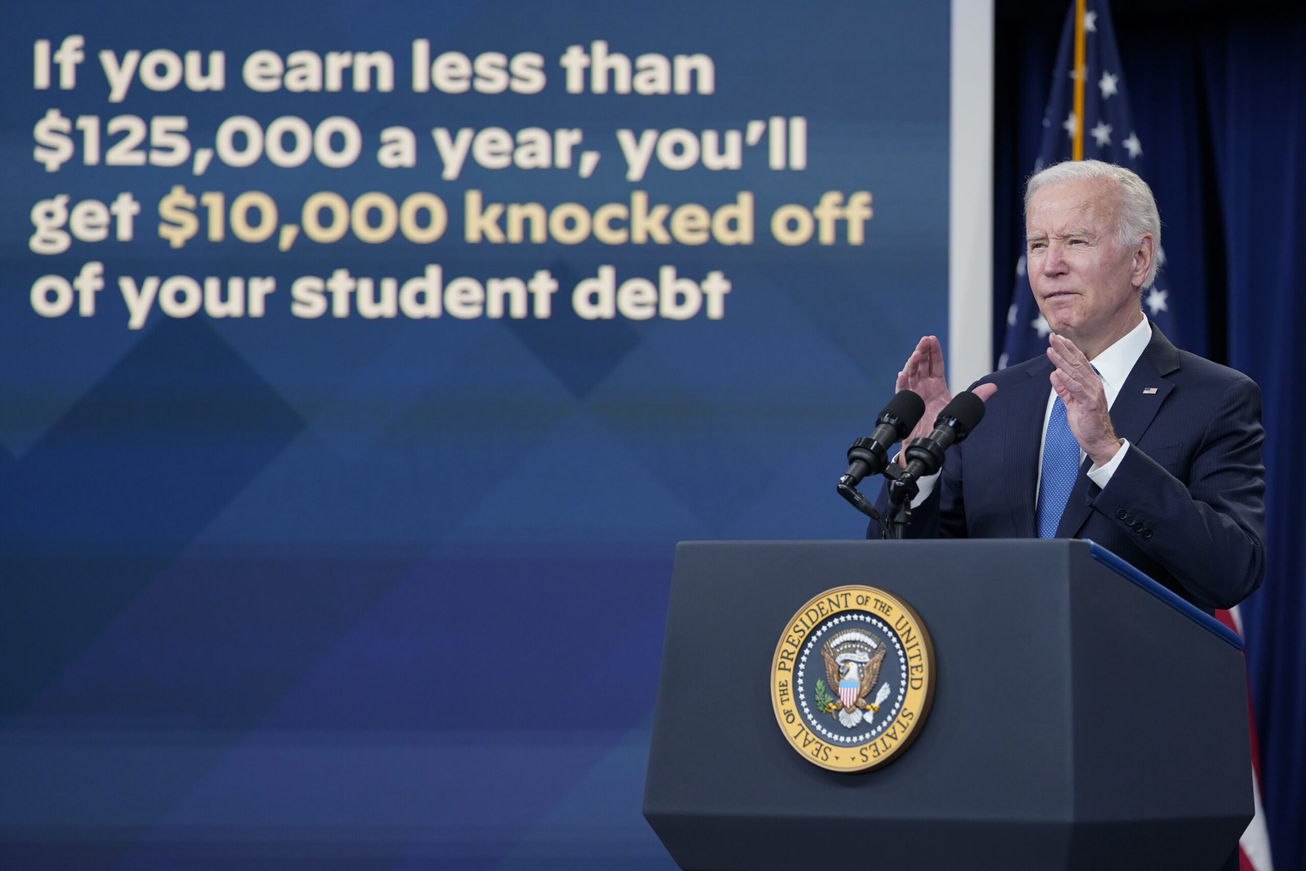 FILE - President Joe Biden speaks about the student debt relief portal beta test in the South Court...