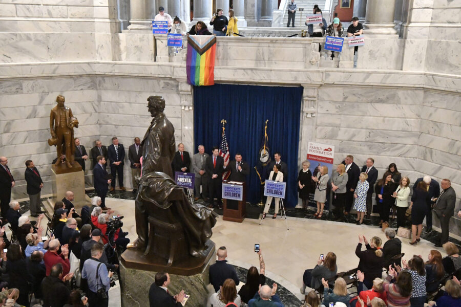 FILE - Supporters of Senate bill 150, known as the Transgender Health Bill gather in the Rotunda of...