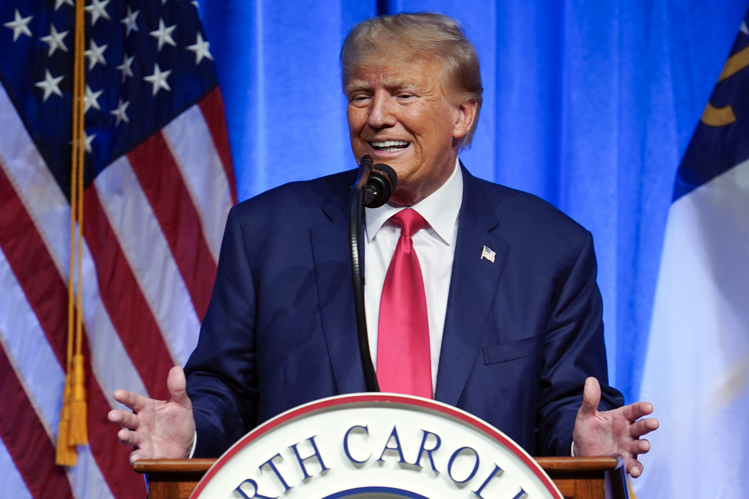FILE - Former President Donald Trump speaks during the North Carolina Republican Party Convention i...