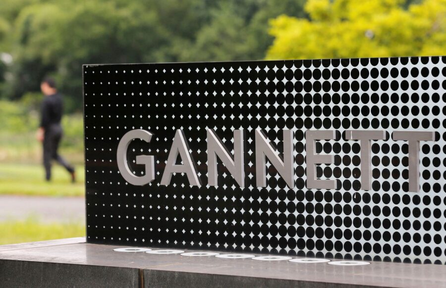 The logo of Gannett Co is seen outside their corporate headquarters in McLean, Virginia, July 23, 2...