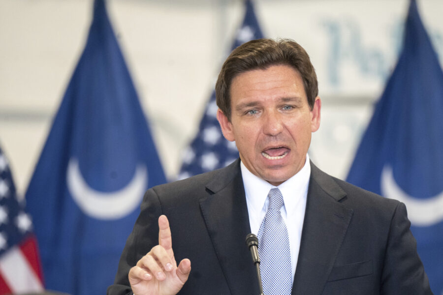 Florida Governor and Republican presidential candidate Ron DeSantis speaks during a press conferenc...