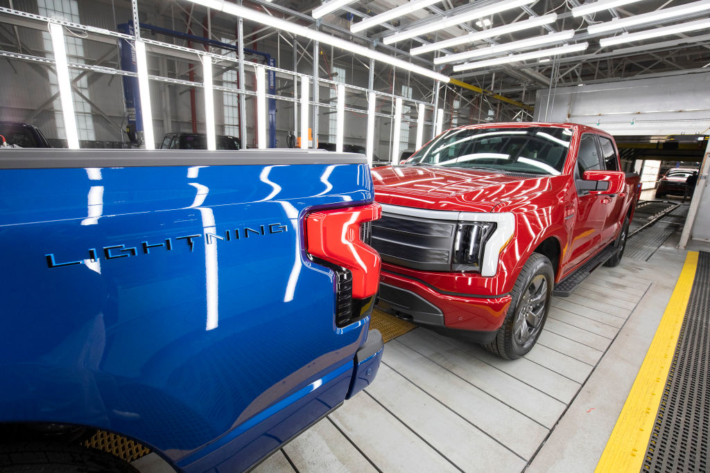 FILE: Ford F-150 Lightning pickup trucks are shown at the Ford Rouge Electric Vehicle Center on Apr...