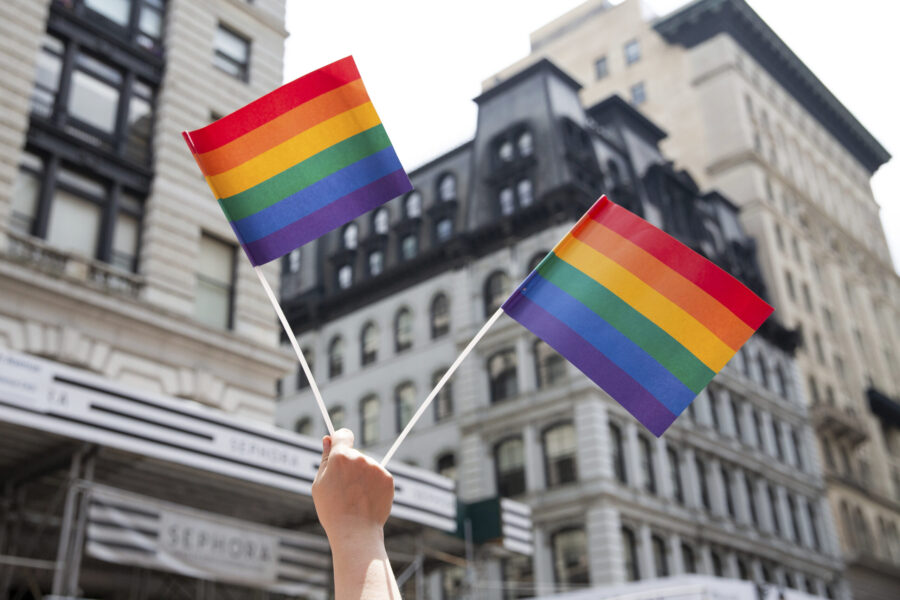 FILE - An attendee holds up flags during the New York City Pride Parade, June 24, 2018, in New York...