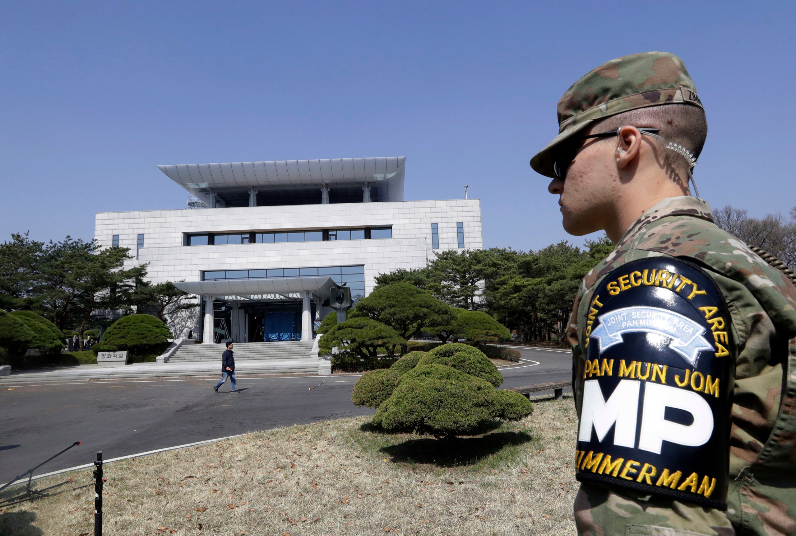 FILE - A U.S. soldier stands outside of the Peace House, the venue for the planned summit between S...
