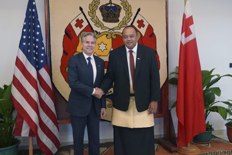 U.S. Secretary of State Antony Blinken, left, shakes hands with Tonga's Prime Minister Tonga's Prim...