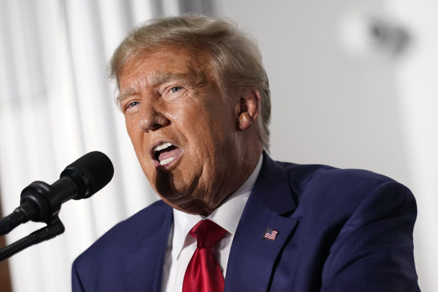 FILE - Former President Donald Trump speaks at Trump National Golf Club in Bedminster, N.J., Tuesda...