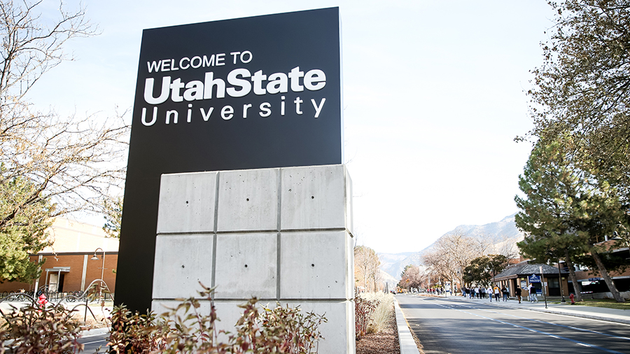 A sign greets visitors to the campus of Utah State University in Logan on Thursday, Nov. 14, 2019. ...