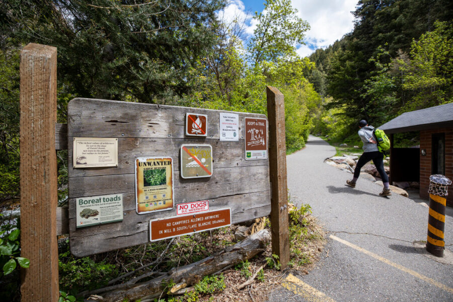 A hiker passes an information sign at the start of the Lake Blanche Trail in Big Cottonwood Canyon ...