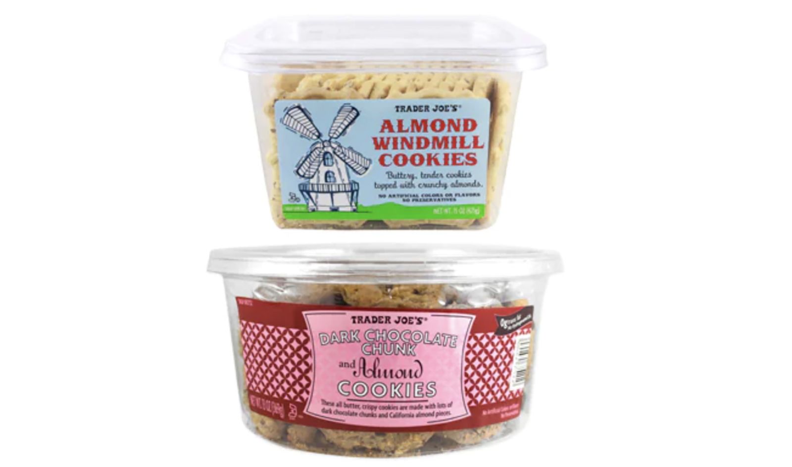Trader Joe's Almond Windmill Cookies (top) and Dark Chocolate Chunk and Almond Cookies (bottom) wer...