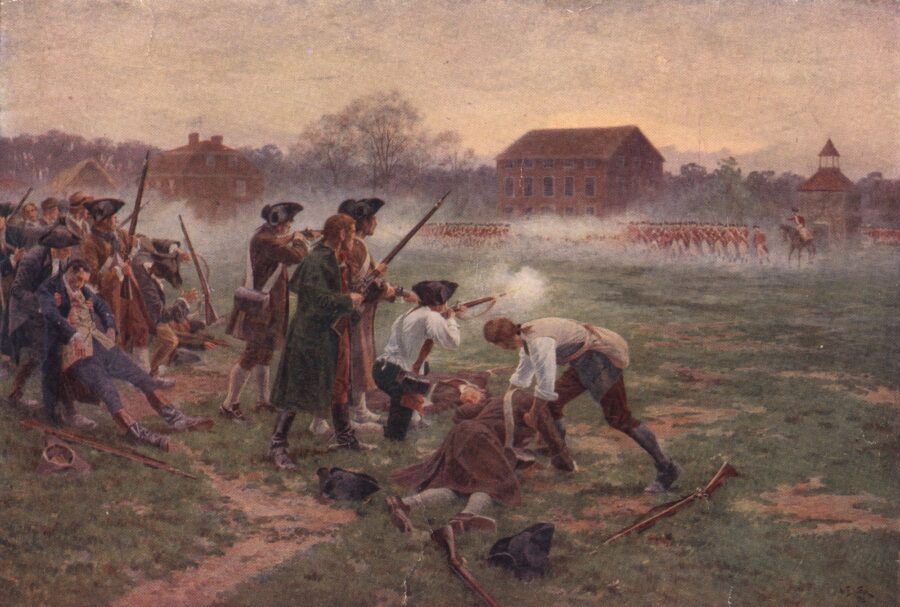 Minutemen face British soldiers on Lexington Common, Massachusetts, in the first battle in the War ...
