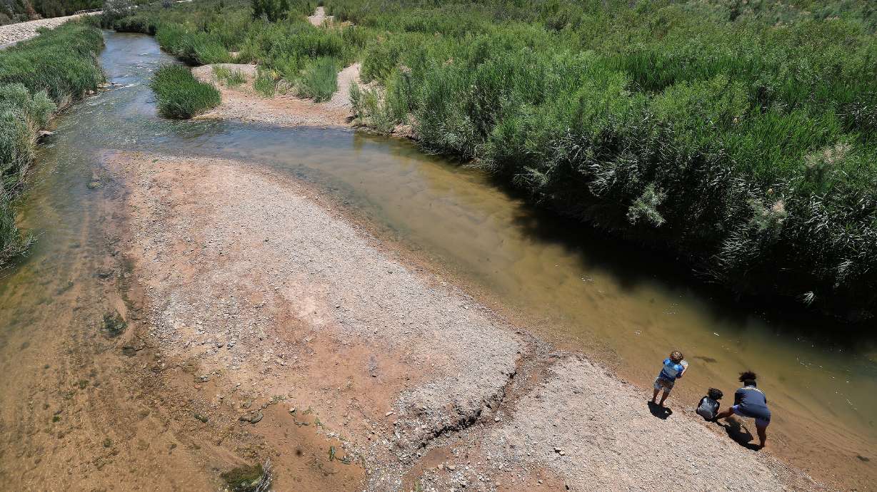 A woman and her children play in the Virgin River on June 10, 2022. The Washington County Water Con...
