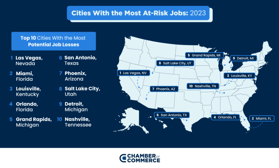 A map showing the top 10 cities with the highest job loss risk. (Chamber of Commerce Team)...
