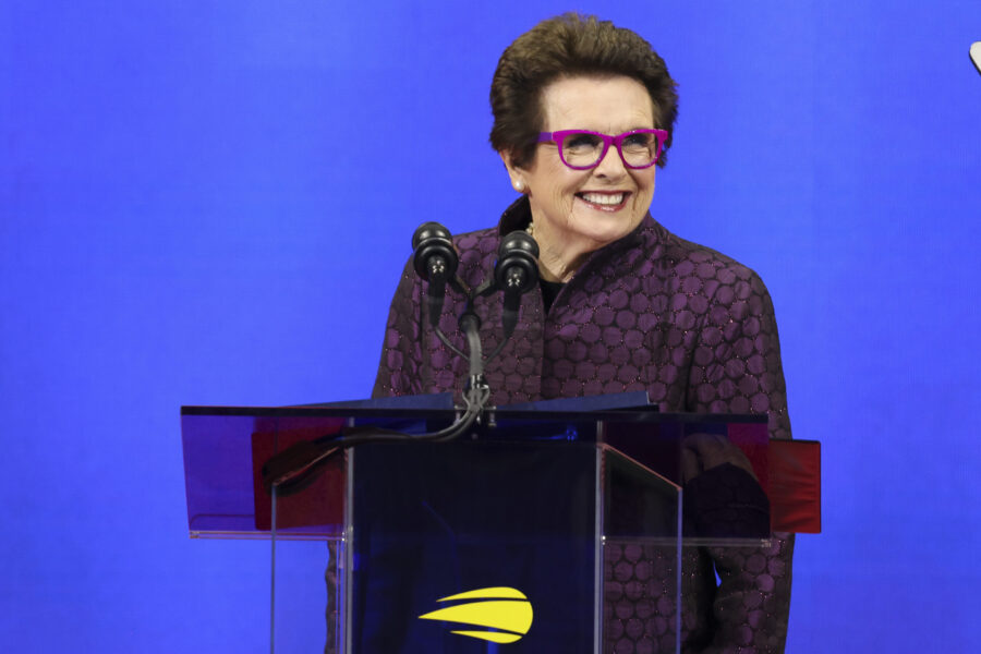 Tennis legend Billie Jean King speaks during the opening ceremony of the of the U.S. Open tennis ch...