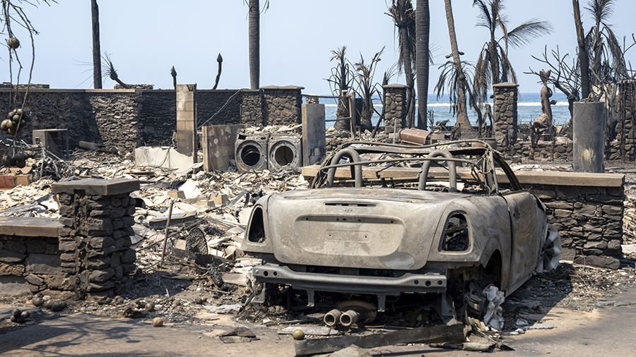 Wildfire wreckage is seen Wednesday, Aug. 9, 2023, in Lahaina, Hawaii. The scene at one of Maui's t...