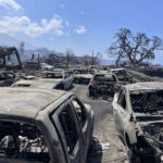 In this photo provided by Tiffany Kidder Winn, burned-out cars sit after a wildfire raged through Lahaina, Hawaii, on Wednesday, Aug. 9, 2023. The scene at one of Maui's tourist hubs on Thursday looked like a wasteland, with homes and entire blocks reduced to ashes as firefighters as firefighters battled the deadliest blaze in the U.S. in recent years. (Tiffany Kidder Winn via AP)Credit: ASSOCIATED PRESS