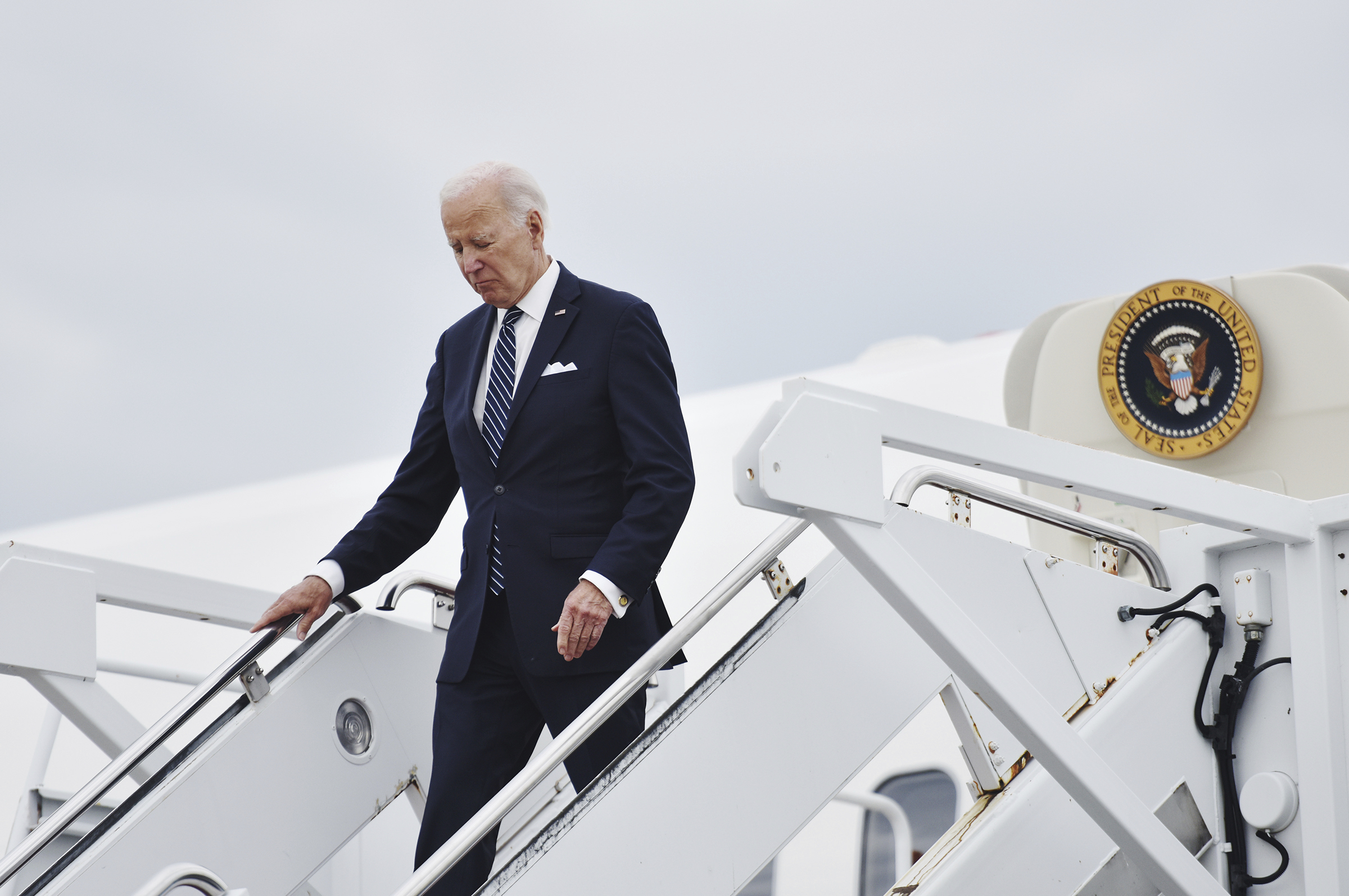President Biden steps down from Air Force One after landing at the Wilkes-Barre/Scranton Internatio...