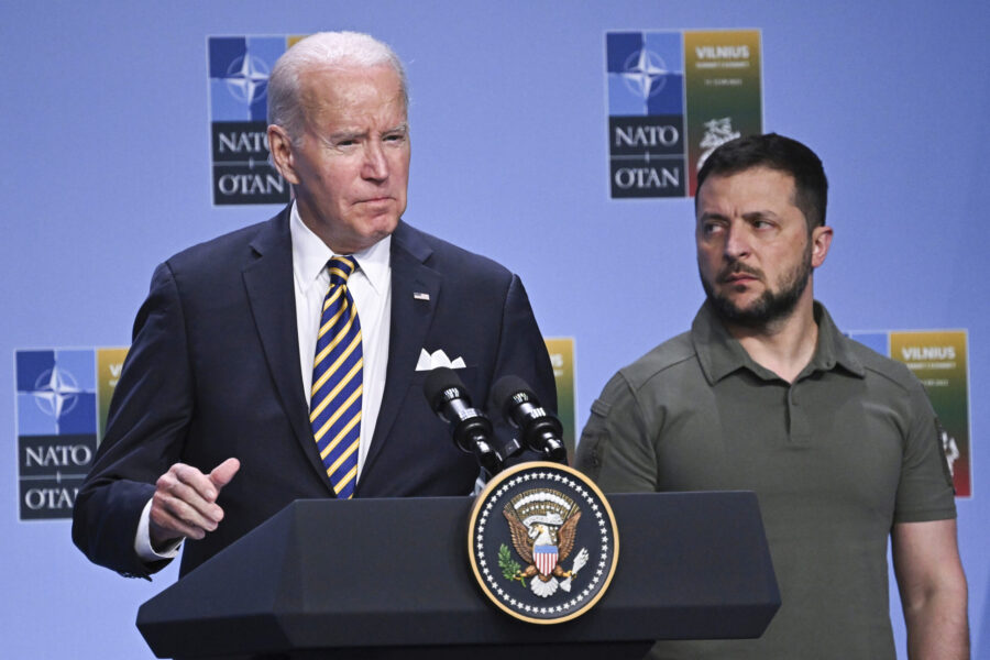 FILE - President Joe Biden, left, speaks at an event with G7 leaders and Ukrainian President Volody...