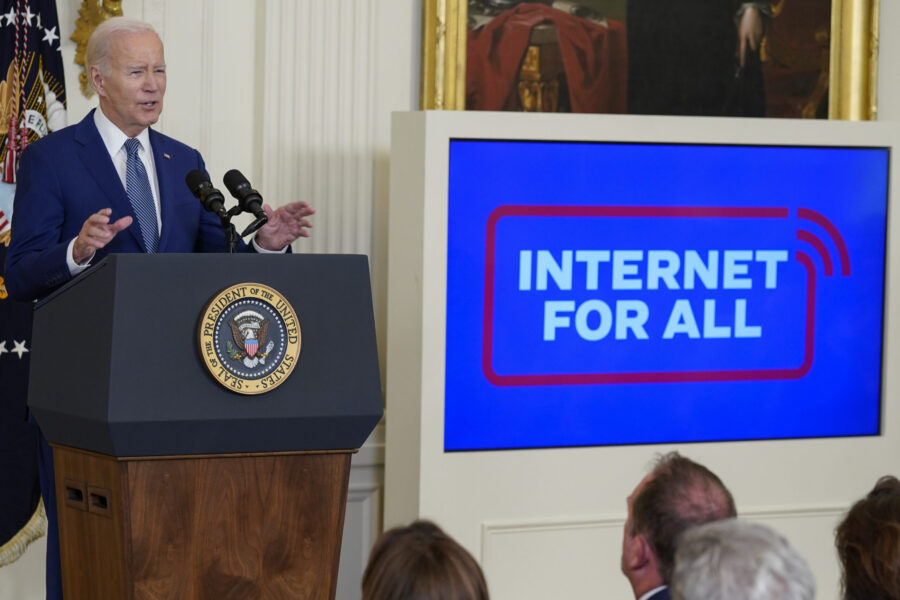 FILE - President Joe Biden speaks during an event about high-speed internet infrastructure in the E...