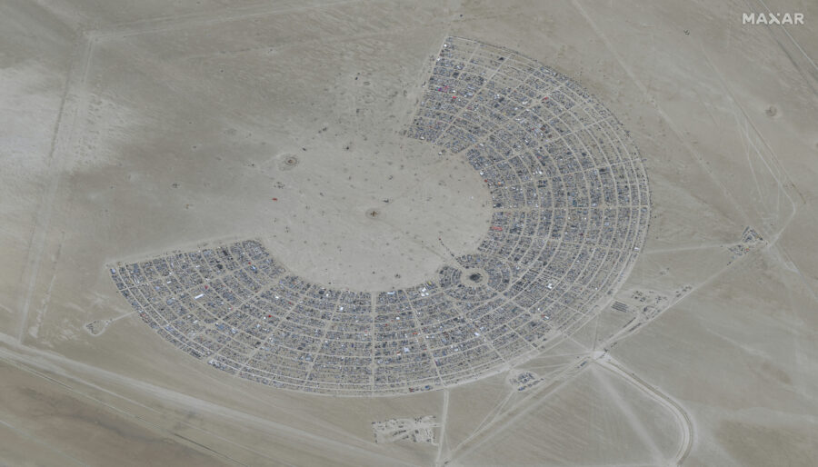 In this satellite photo provided by Maxar Technologies, an overview of Burning Man festival in Blac...