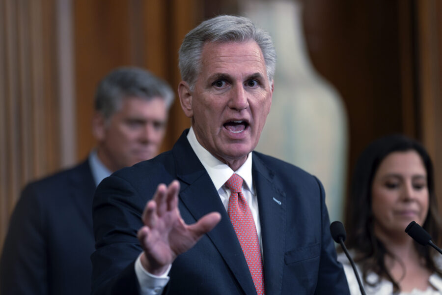 FILE - Speaker of the House Kevin McCarthy, R-Calif., holds a news conference as the House prepares...