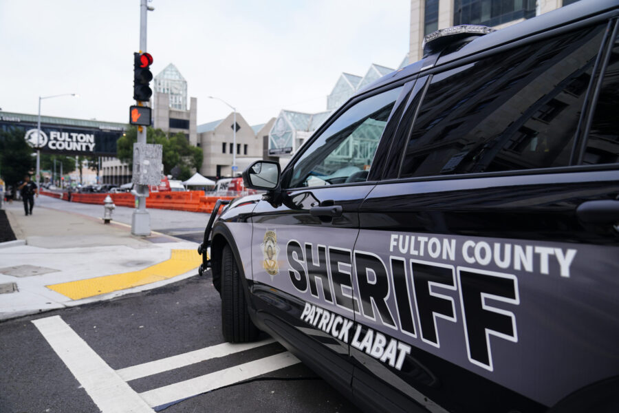 Barricades are seen near the Fulton County courthouse, Monday, Aug. 7, 2023, in Atlanta. The sherif...