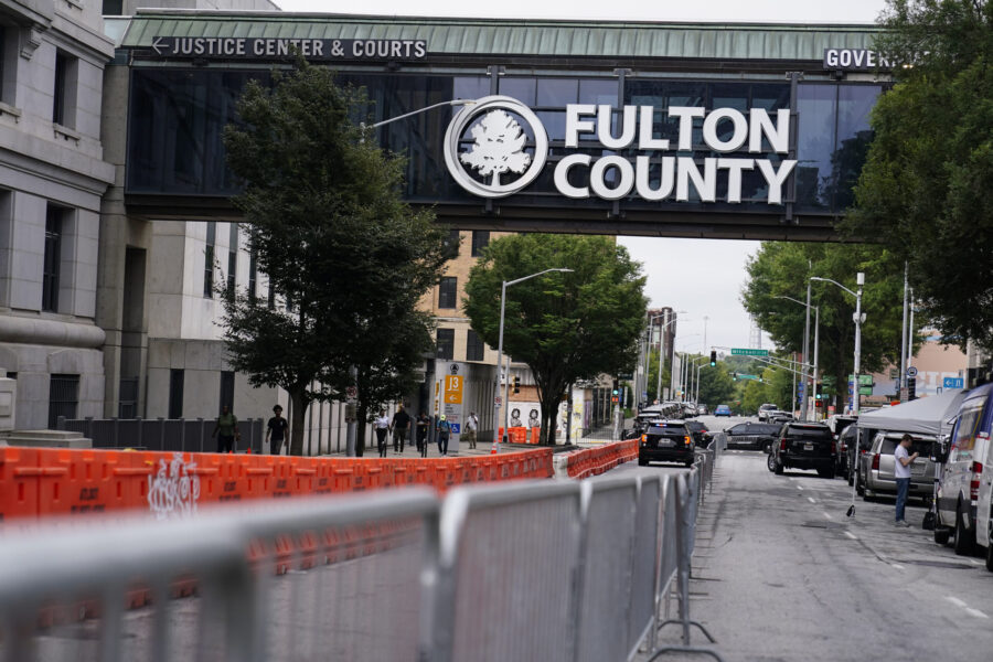 Barricades are seen near the Fulton County courthouse, Monday, Aug. 7, 2023, in Atlanta. The sherif...