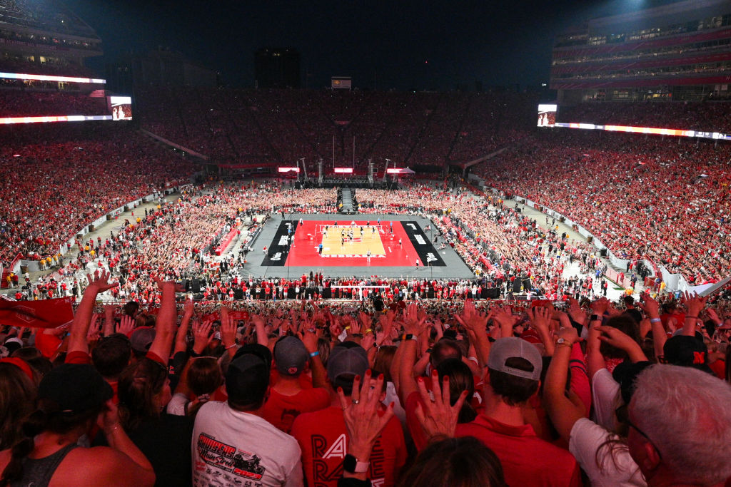 General view of the court during the game between the Nebraska Cornhuskers and the Omaha Mavericks ...