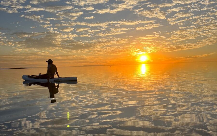 Antelope Island State Park-paddle board trip into the sunset on the Great Salt Lake. (Tiffany Ames)...