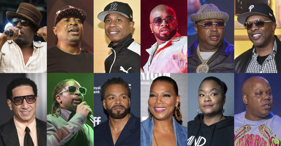 This combination of photos shows, top row from left, Big Daddy Kane, Chuck D, Doug E. Fresh, Jermai...