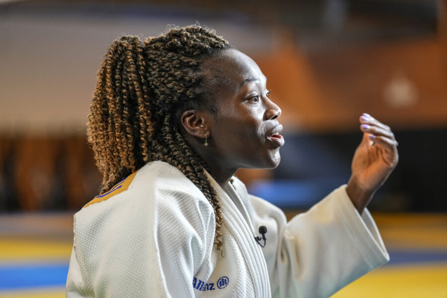 French judoka Clarisse Agbegnenou gestures during an interview with The Associated-Press in Paris, ...