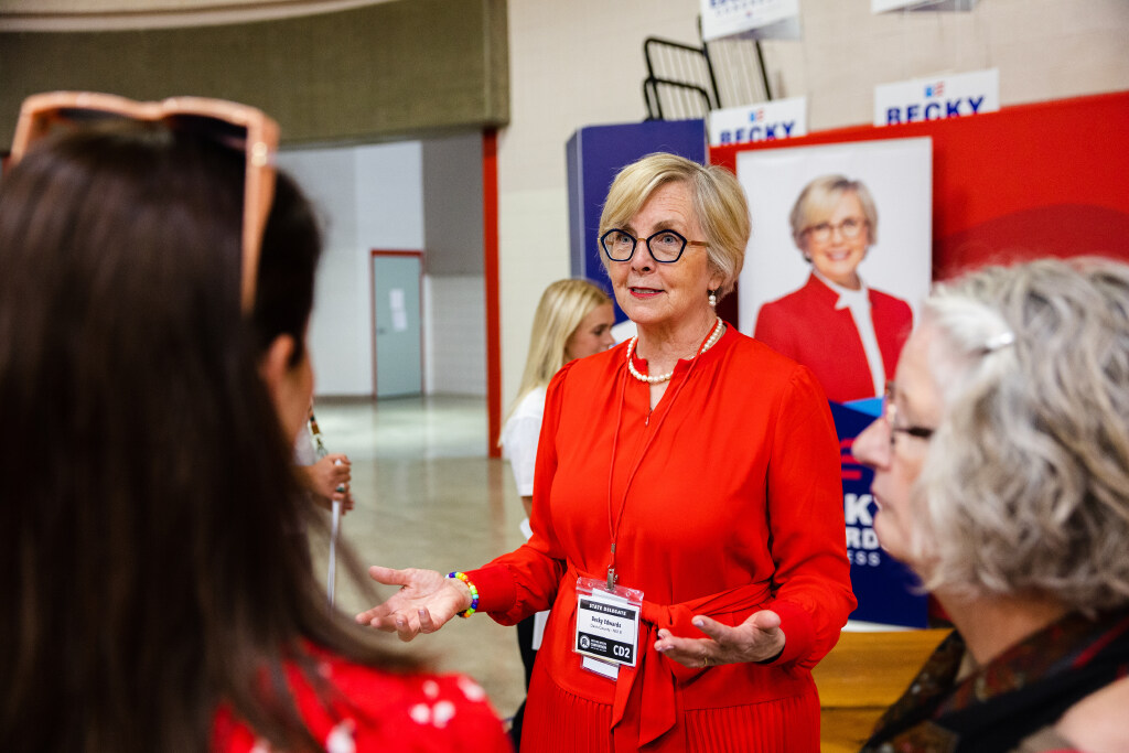 Utah Congressional 2nd District candidate Becky Edwards speaks with delegates during the Utah Repub...