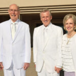 President Henry B. Eyring, Second Counselor in the First Presidency, and Elder Kevin R. Duncan, General Authority Seventy and executive director of the Temple Department, and his wife, Sister Nancy Duncan, pose for photos prior to the first session of the dedication of the Saratoga Springs Utah Temple in Saratoga Springs, Utah, on Sunday, August 13, 2023. (Photo: The Church of Jesus Christ of Latter-day Saints)