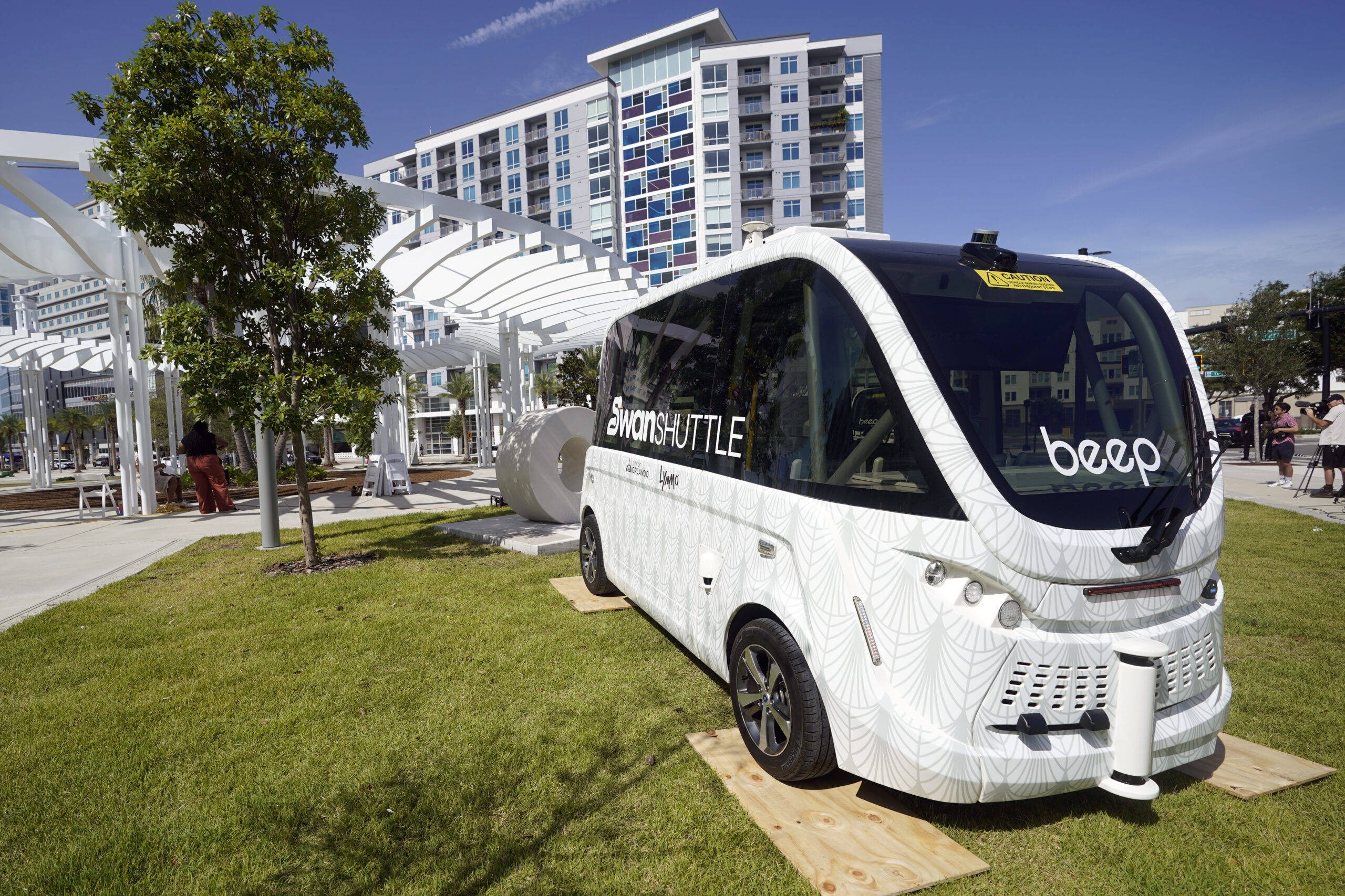 The new self driving SWAN (Shuttling with Autonomous Navigation) shuttle bus is displayed Wednesday...