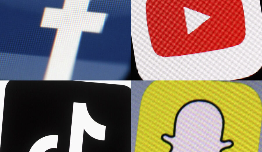 FILE - This combination of 2017-2022 photos shows the logos of Facebook, YouTube, TikTok and Snapch...
