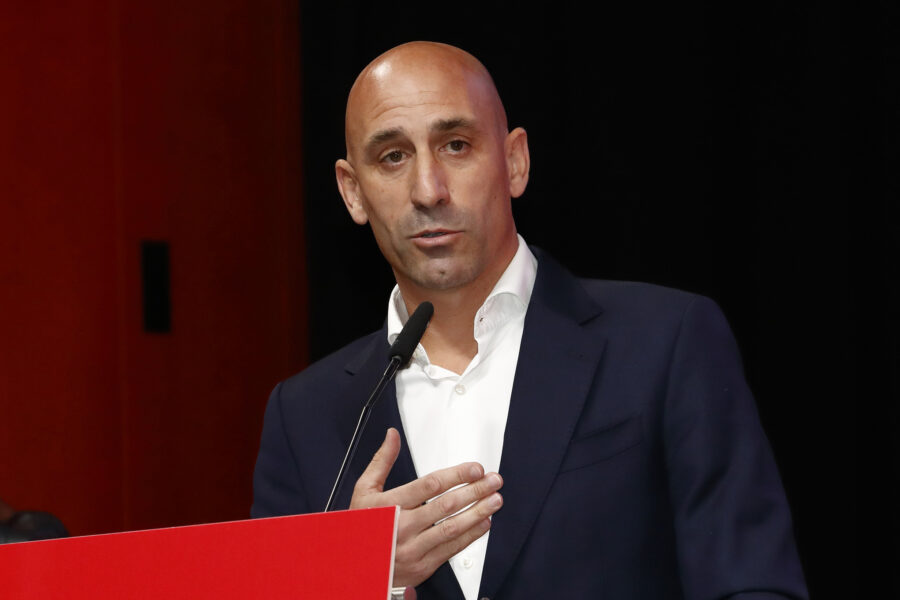 The president of the Spanish soccer federation Luis Rubiales speaks during an emergency general ass...