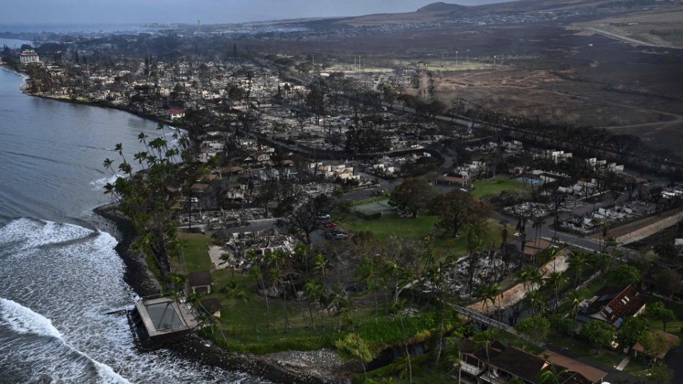 An aerial view of Lahaina after wildfires burned through the town on the Hawaiian island of Maui, o...