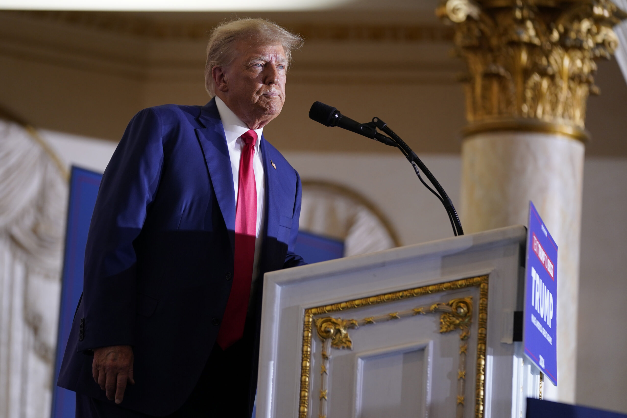 FILE - Former President Donald Trump speaks at his Mar-a-Lago estate Tuesday, April 4, 2023, in Pal...