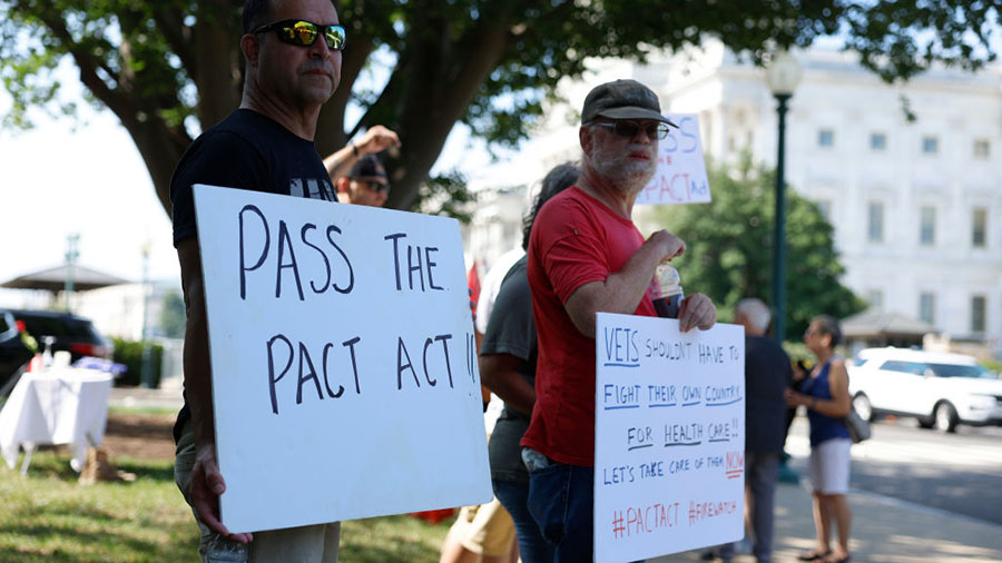 WASHINGTON, DC - AUGUST 02: Veterans and supporters of the PACT act demonstrate outside the U.S. Ca...