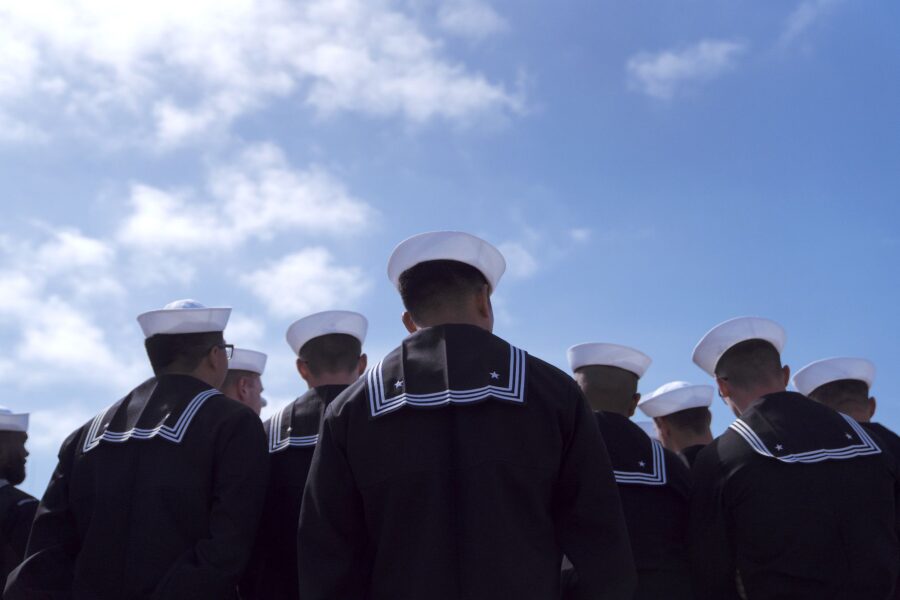 Navy sailors are pictured here at Naval Base Point Loma in San Diego, California, on March 13.
Mand...