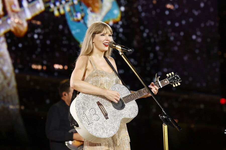 Taylor Swift performs onstage during "Taylor Swift | The Eras Tour" at SoFi Stadium on August 3. (E...