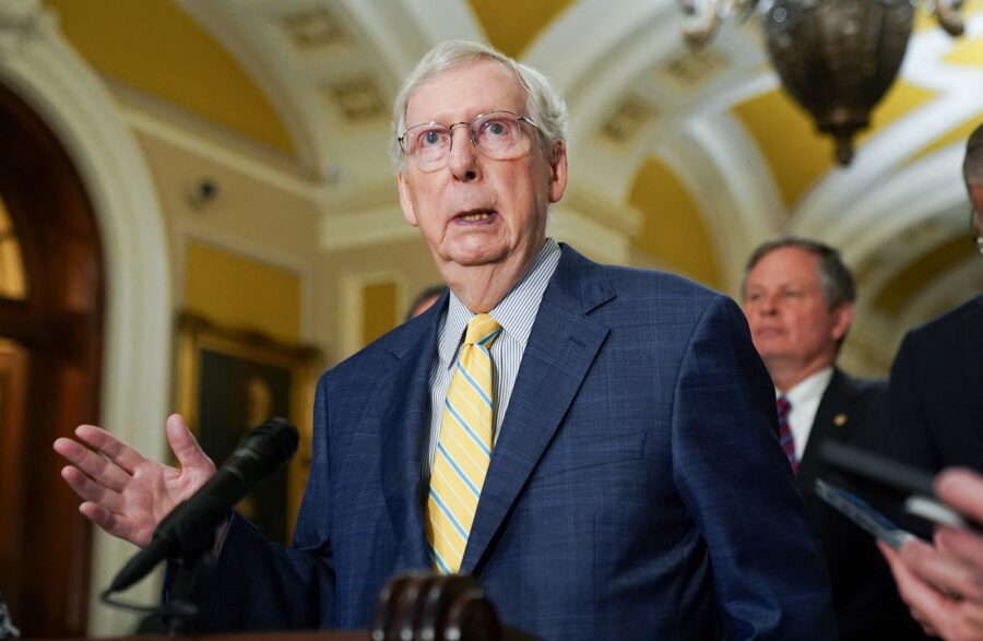 Senate Republican leader Mitch McConnell speaks to reporters at athe US Capitol in Washington on Ju...