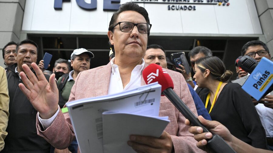 Former Assembly member and Ecuador presidential candidate, Fernando Villavicencio, speaks to journa...