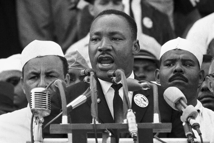 Rev Martin Luther King Jr. addresses marchers during his "I Have a Dream," speech at the Lincoln Me...