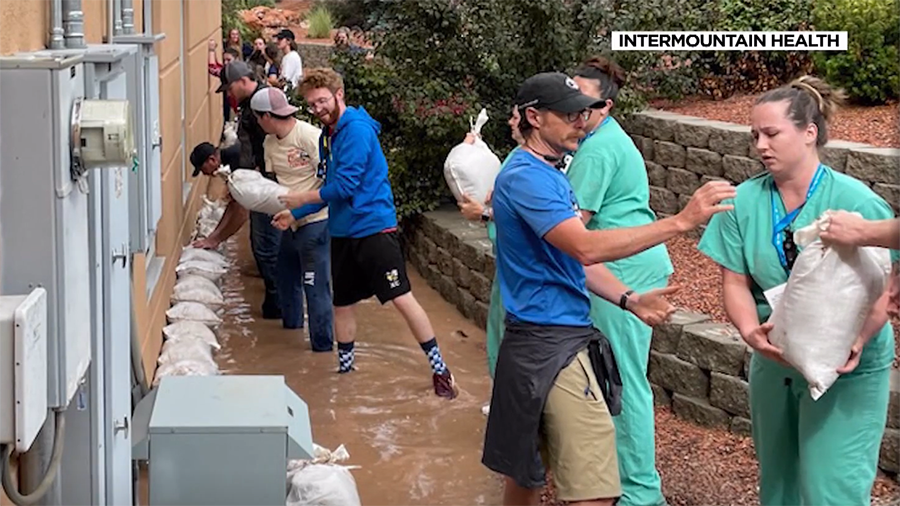Sandbags were stacked at the Intermountain hospital in Cedar City as the area expected more floodin...