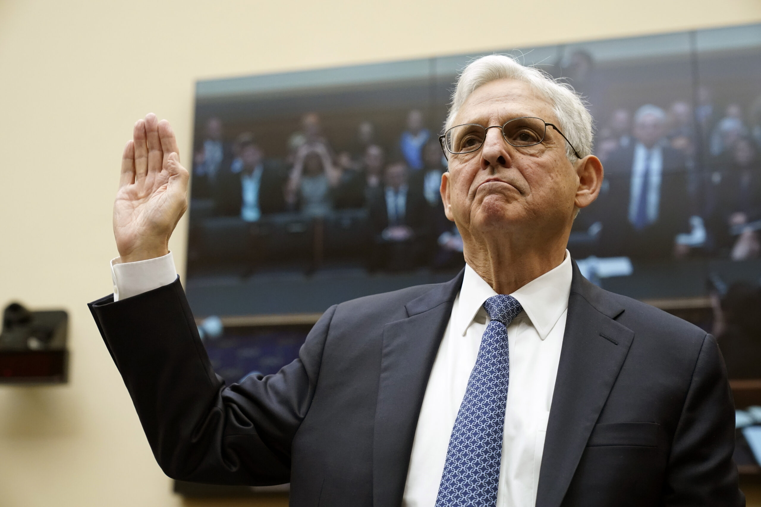 Attorney General Merrick Garland is sworn in at the start of a House Judiciary Committee hearing, W...