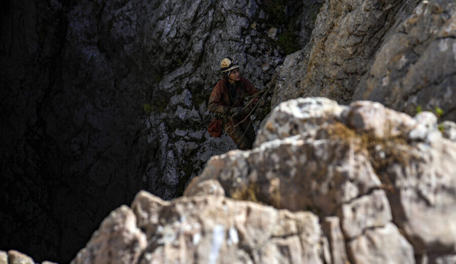 A European Cave Rescue Association (ECRA) member, goes down into the Morca cave near Anamur, southe...