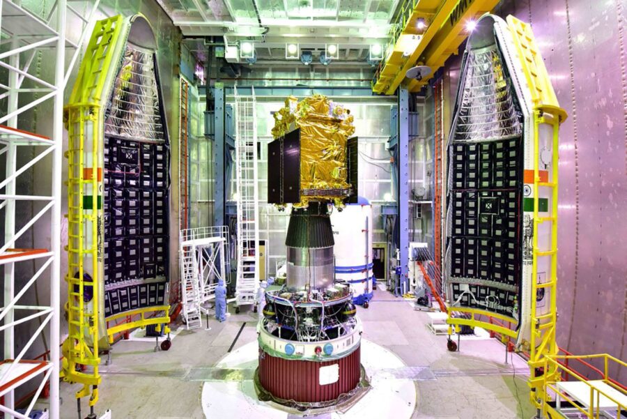 Aditya-L1  is pictured in the cleanroom ahead of rolling out to the launchpad. (Indian Space Resear...