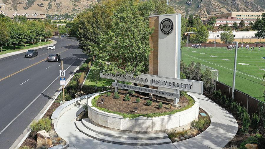 road, BYU sign and athletic field...