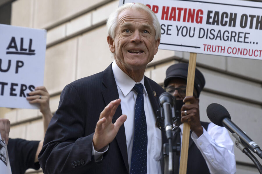 Former White House trade adviser Peter Navarro speaks to the media as he departs federal court, Tue...